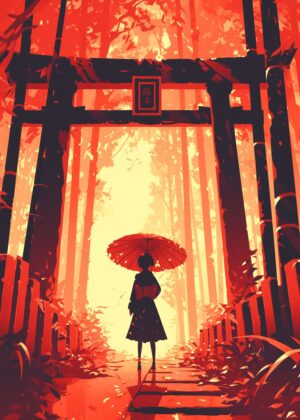 Tranquil Path to the Shrine: A Japanese Autumn Scene - Premium Wooden Framed Poster. Ready to Hang.