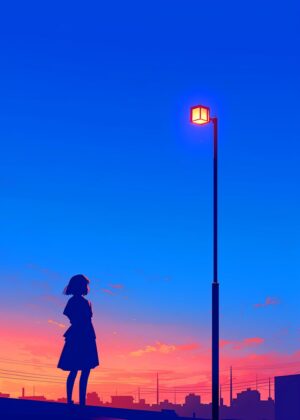 Silhouette Girl at Sunset - Premium Wooden Framed Poster. Ready to Hang.