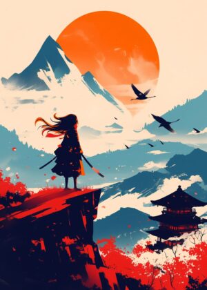Samurai Sunset: A Serene Journey of a Lone Warrior - Premium Wooden Framed Poster. Ready to Hang.