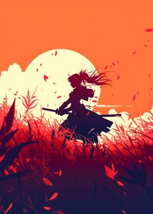 Anime Warrior Silhouette Art Print - Premium Wooden Framed Poster. Ready to Hang.