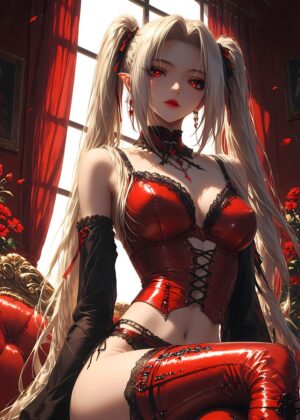 Crimson Enchantress: Anime Girl Art Print - Premium Wooden Framed Poster. Ready to Hang.