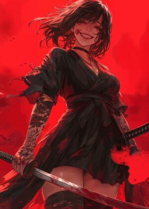 Bloody Samurai Girl: Anime Art Print - Premium Wooden Framed Poster. Ready to Hang.