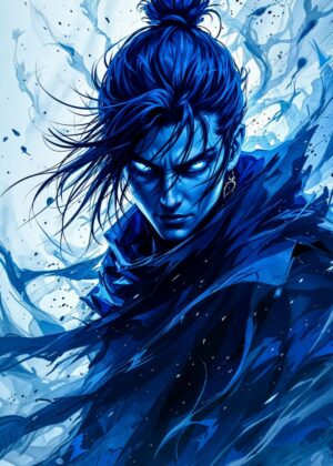 Mystical Blue Anime Warrior: Digital Art Print - Premium Wooden Framed Poster. Ready to Hang.