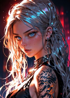 Cyberpunk Warrior: Fiery Tattoo Art Print - Premium Wooden Framed Poster. Ready to Hang.