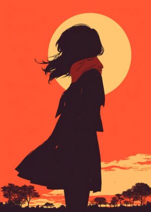 Silhouette Girl at Sunset: A Captivating Artwork - Premium Wooden Framed Poster. Ready to Hang.