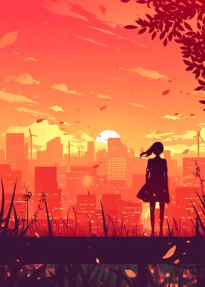 Silhouette Sunset Cityscape: A Moment of Reflection - Premium Wooden Framed Poster. Ready to Hang.