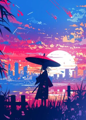 Silhouette of a Woman in Kimono at Sunset - Premium Wooden Framed Poster. Ready to Hang.