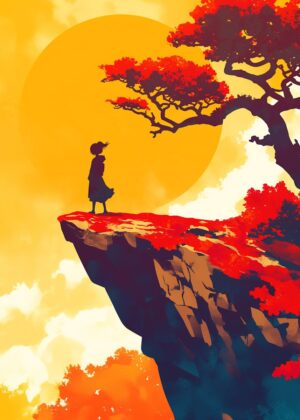 Silhouette on a Cliff at Sunset - Premium Wooden Framed Poster. Ready to Hang.