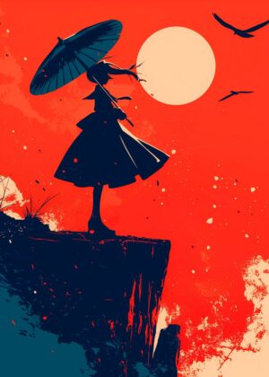 Silhouette Girl Under Umbrella at Sunset - Premium Wooden Framed Poster. Ready to Hang.