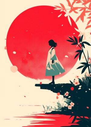 Silhouette Woman at Sunset: A Moment of Reflection - Premium Wooden Framed Poster. Ready to Hang.