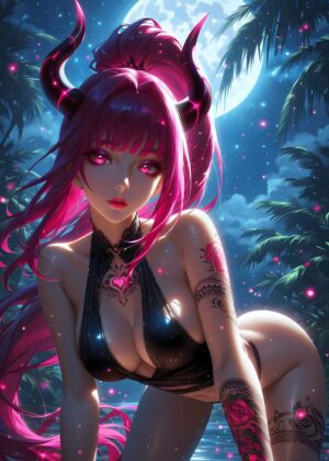 Pink-Haired Demon Girl: Enchanting Fantasy Artwork - Premium Wooden Framed Poster. Ready to Hang.
