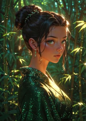 Anime Girl in Green Kimono: Serenity in the Bamboo Forest - Premium Wooden Framed Poster. Ready to Hang.