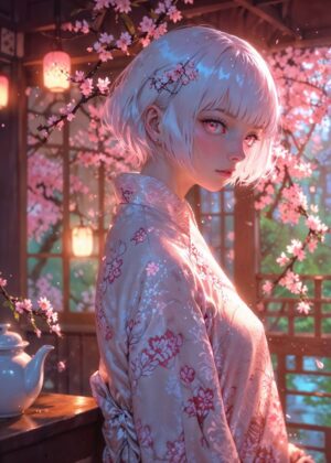 Anime Girl in Spring Cherry Blossoms: A Dreamy Artwork - Premium Wooden Framed Poster. Ready to Hang.