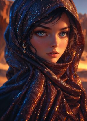 Mysterious Woman in Desert Dusk - Premium Wooden Framed Poster. Ready to Hang.