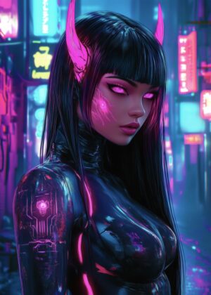 Cyberpunk Demon Anime Girl Art Print - Premium Wooden Framed Poster. Ready to Hang.