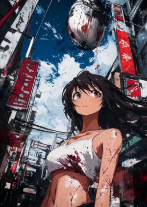 Anime City Girl: Urban Scenery Artwork - Premium Wooden Framed Poster. Ready to Hang.