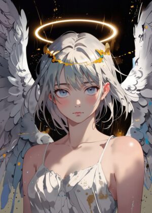 Angelic Beauty: White Winged Anime Girl Art Print - Premium Wooden Framed Poster. Ready to Hang.