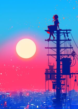 Silhouette Girl at Sunset: Cityscape Artwork - Premium Wooden Framed Poster. Ready to Hang.