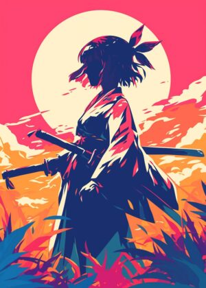 Sunset Samurai: A Bold Silhouette Artwork - Premium Wooden Framed Poster. Ready to Hang.