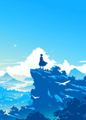 Silhouette Girl on Clifftop: A Serene Landscape Artwork - Premium Wooden Framed Poster. Ready to Hang.