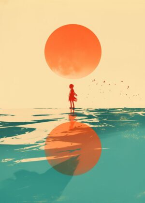 Silhouette Under a Red Sun: A Peaceful Sunset Scene - Premium Wooden Framed Poster. Ready to Hang.