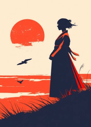 Silhouette of a Woman at Sunset - Premium Wooden Framed Poster. Ready to Hang.