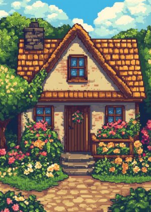 Pixel Art Cottage Garden: A Charming Summer Scene - Premium Wooden Framed Poster. Ready to Hang.