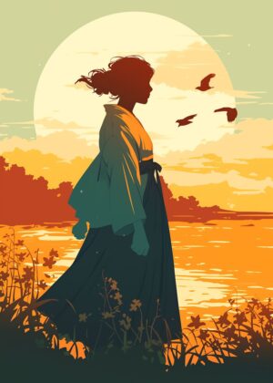 Sunset Silhouette: Woman in Kimono - Premium Wooden Framed Poster. Ready to Hang.