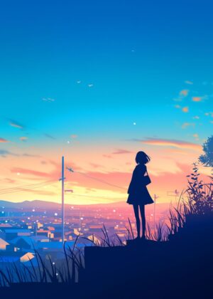 Anime Girl Silhouette at Sunset - Premium Wooden Framed Poster. Ready to Hang.
