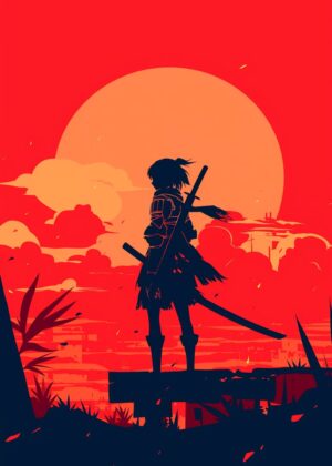 Silhouette Samurai Sunset: A Fiery Anime Artwork - Premium Wooden Framed Poster. Ready to Hang.
