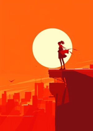Sunset Silhouette: Girl on Rooftop - Premium Wooden Framed Poster. Ready to Hang.
