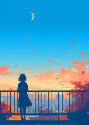 Silhouette Girl at Sunset Over Cityscape - Premium Wooden Framed Poster. Ready to Hang.