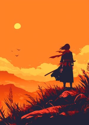 Samurai Sunset: A Silhouette of Solitude - Premium Wooden Framed Poster. Ready to Hang.