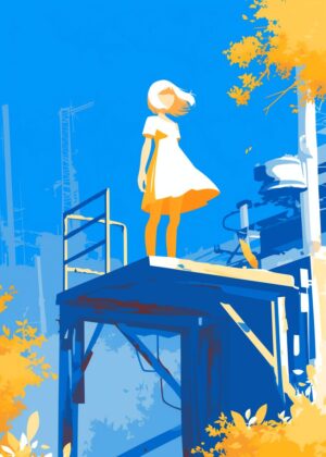 Girl on Platform: A Vivid Summer Day - Premium Wooden Framed Poster. Ready to Hang.