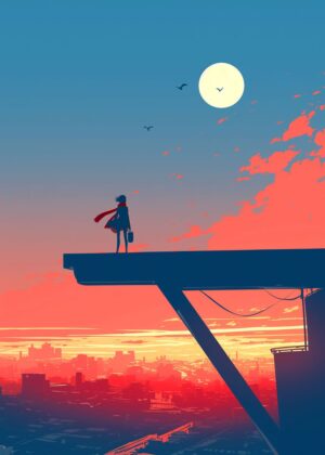 Silhouette Girl at Sunset Over Cityscape - Premium Wooden Framed Poster. Ready to Hang.