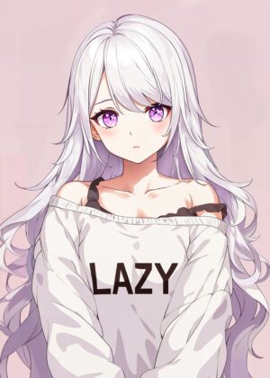 Anime Girl with Long White Hair and Purple Eyes - Premium Wooden Framed Poster. Ready to Hang.