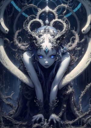 Blue-Eyed Queen: Fantasy Art Print - Premium Wooden Framed Poster. Ready to Hang.