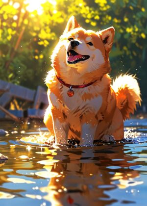 Golden Hour Shiba Inu in Water - Premium Wooden Framed Poster. Ready to Hang.