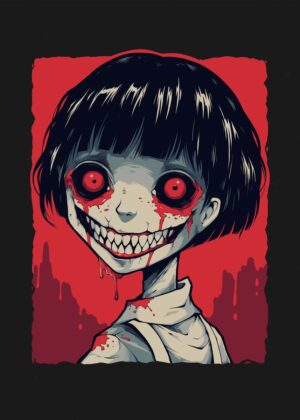 Bloody Anime Girl: Creepy Kawaii Horror Illustration - Premium Wooden Framed Poster. Ready to Hang.