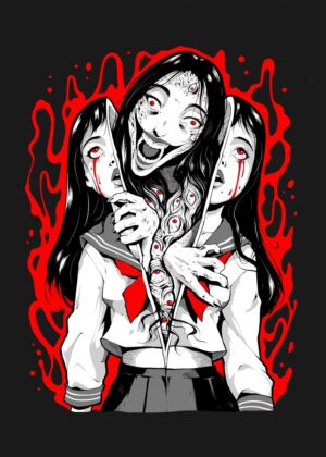 Horror Anime Girl Demon Art Print - Premium Wooden Framed Poster. Ready to Hang.