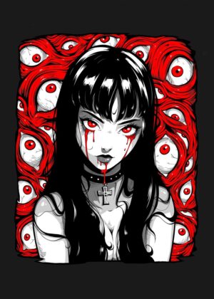 Eyes of Horror: A Gothic Anime Girl Illustration - Premium Wooden Framed Poster. Ready to Hang.