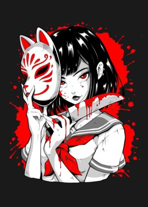 Anime Girl with Kabuki Mask and Bloody Knife - Premium Wooden Framed Poster. Ready to Hang.