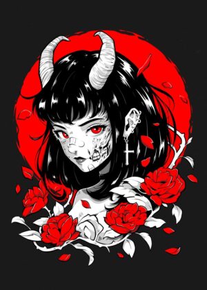 Anime Demon Girl with Roses: Dark Fantasy Art Print - Premium Wooden Framed Poster. Ready to Hang.