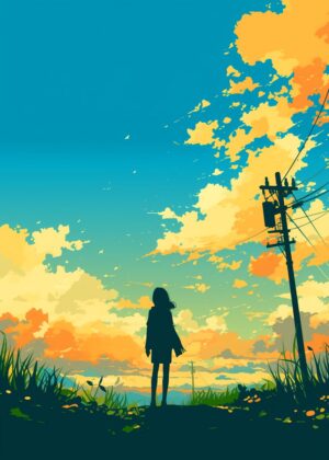 Silhouette Girl at Sunset: Peaceful Evening Art Print - Premium Wooden Framed Poster. Ready to Hang.