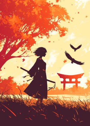 Autumn Samurai: A Silhouette of Strength and Serenity - Premium Wooden Framed Poster. Ready to Hang.