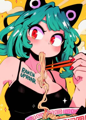 Anime Girl Devouring Ramen: Vibrant Digital Art Print - Premium Wooden Framed Poster. Ready to Hang.
