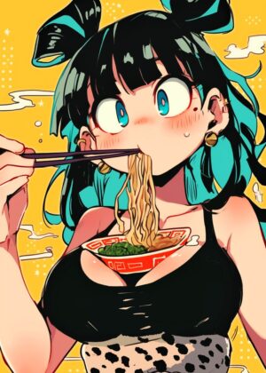 Anime Girl Enjoying a Delicious Ramen Bowl - Premium Wooden Framed Poster. Ready to Hang.