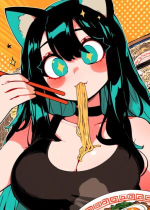 Anime Girl Devouring Delicious Ramen - Premium Wooden Framed Poster. Ready to Hang.