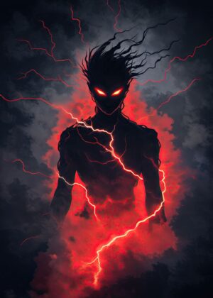 Dark Anime Demon: Fiery Wrath Artwork - Premium Wooden Framed Poster. Ready to Hang.