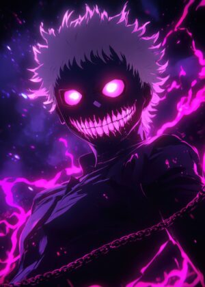 Dark Anime Boy: Fierce and Mysterious Artwork - Premium Wooden Framed Poster. Ready to Hang.